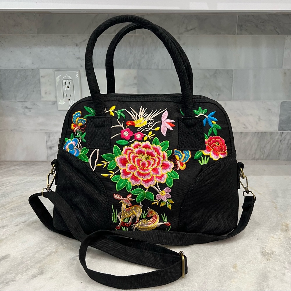 Asian Art Inspired Black Canvas Handbag/Crossbody w/ Embroidered Nature …
